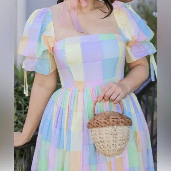 Selkie The Brunch Market Dress Pastel Plaid Puff Sleeve Midi NWT Size 2X - Picture 2 of 10